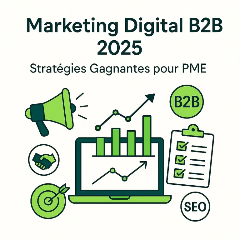 Illustration représentant des stratégies de marketing digital B2B pour PME en 2025, avec icônes de croissance, mégaphone, SEO et graphiques.