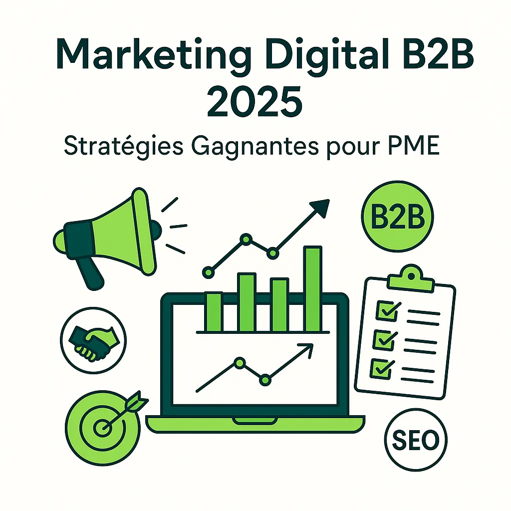 Illustration représentant des stratégies de marketing digital B2B pour PME en 2025, avec icônes de croissance, mégaphone, SEO et graphiques.