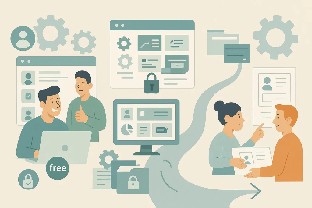 Illustration comparative des meilleurs CRM gratuits en 2025 pour TPE, freelances et PME, avec HubSpot, Zoho, Dolibarr et l’alternative d’un CRM sur mesure, en flat design.