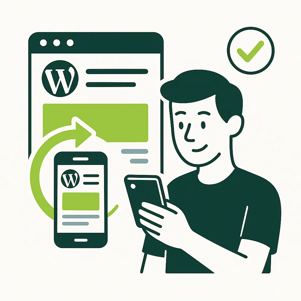 Illustration d’un site WordPress optimisé pour mobile, avec un utilisateur vérifiant le design responsive sur smartphone.