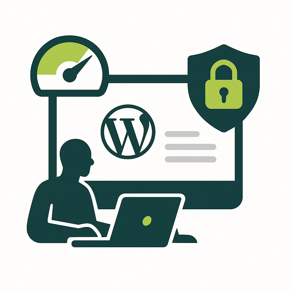 Illustration d’un site WordPress optimisé pour la vitesse et la sécurité, avec un développeur, un indicateur de performance et un cadenas.