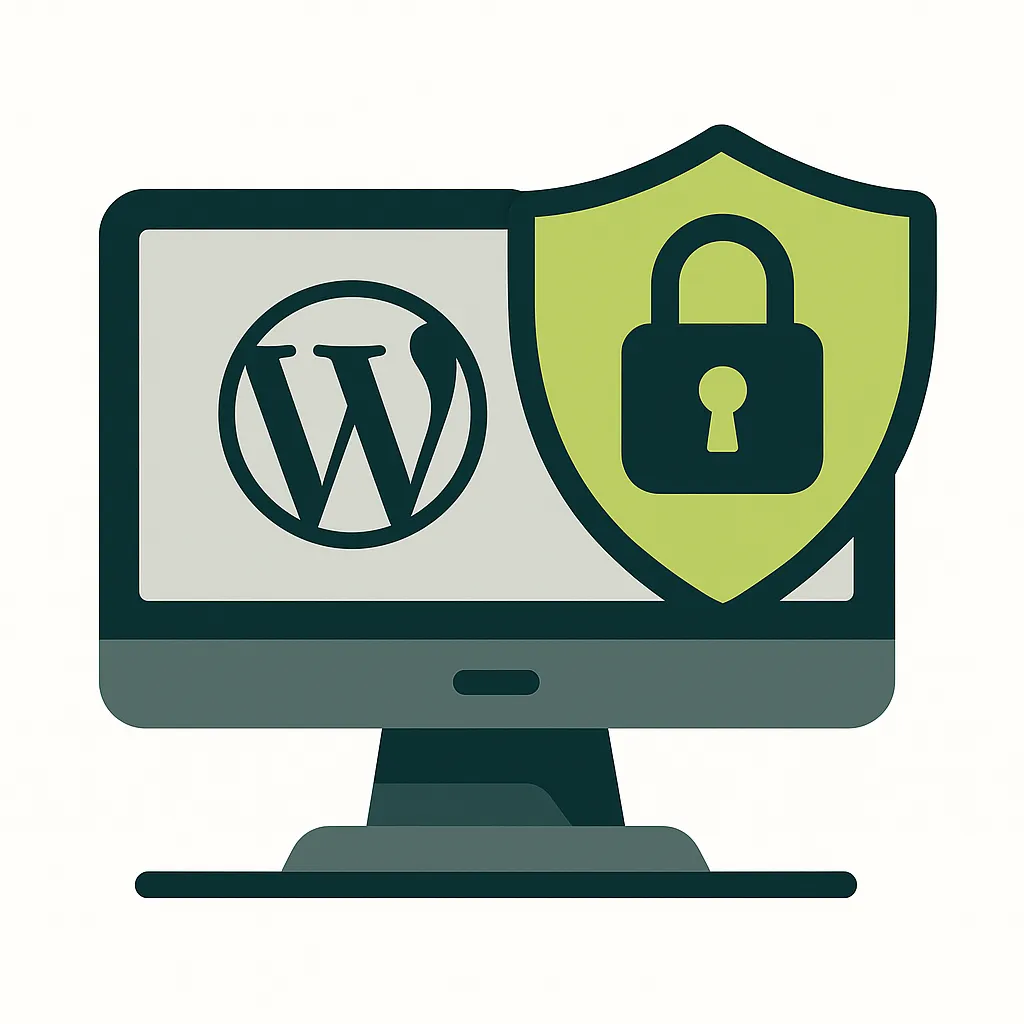 Illustration d’un écran WordPress avec un bouclier et un cadenas pour symboliser la sécurité et la protection contre les attaques.