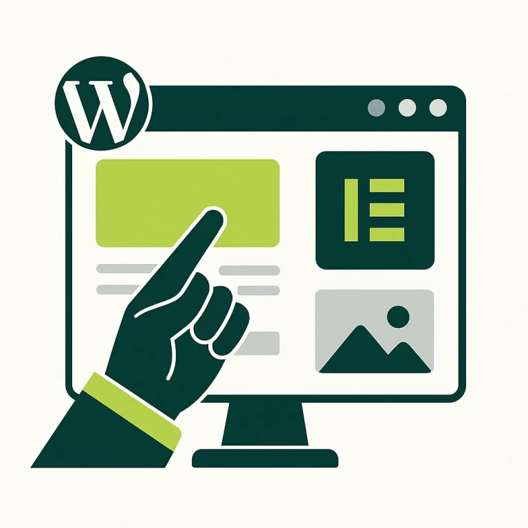 Illustration d’un écran WordPress et Elementor avec une main qui crée une mise en page visuelle, représentant la conception de sites web sans coder.