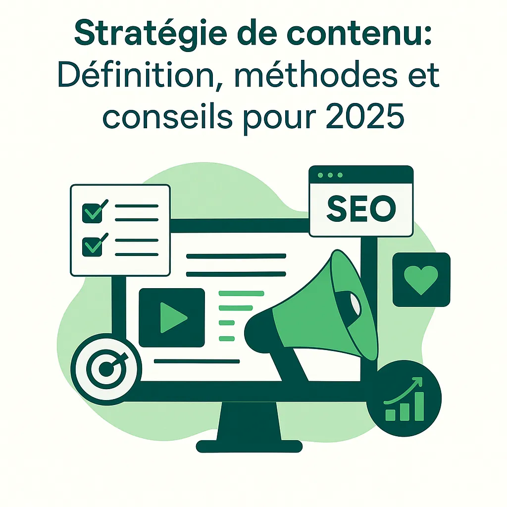 Illustration représentant une stratégie de contenu pour 2025 avec un ordinateur, un mégaphone, une checklist et des icônes SEO.