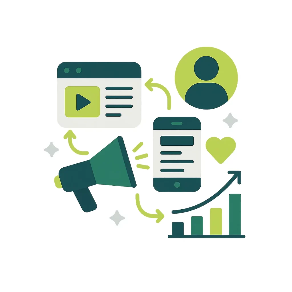 Illustration vectorielle d’une stratégie de contenu digital avec des icônes de création, diffusion et analyse.