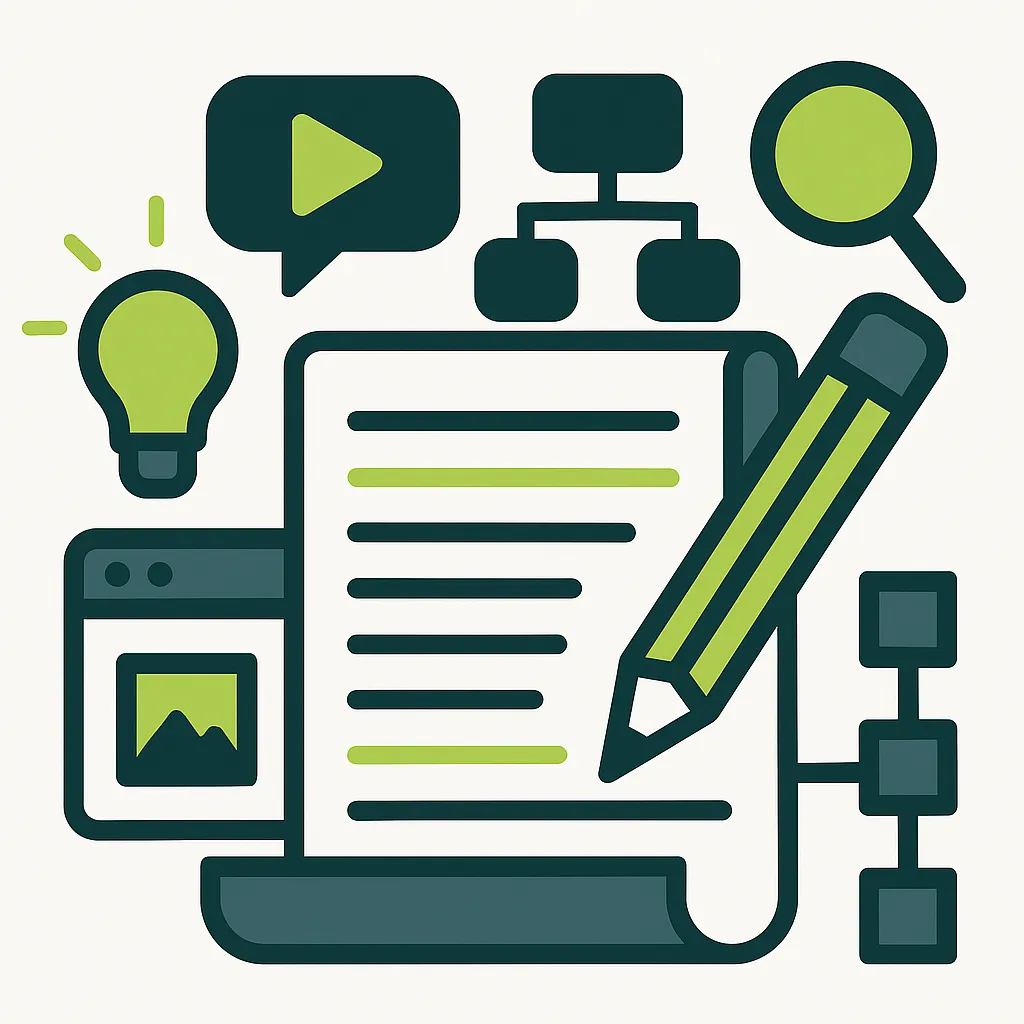 Illustration vectorielle d’une stratégie de contenu avec des icônes de création, planification et analyse.