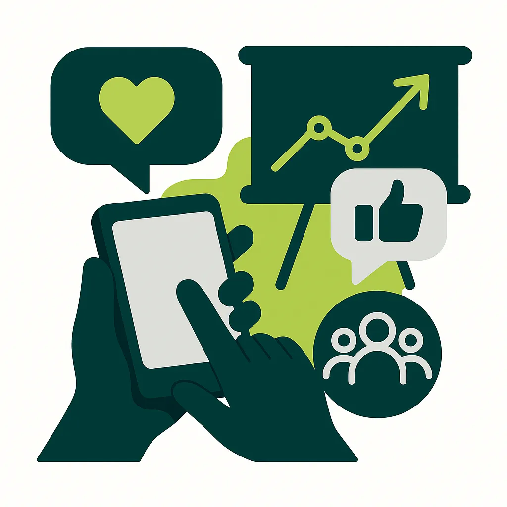 Stratégie de contenu médias sociaux avec icônes de réseaux sociaux et éléments interactifs illustrant l’engagement en ligne.