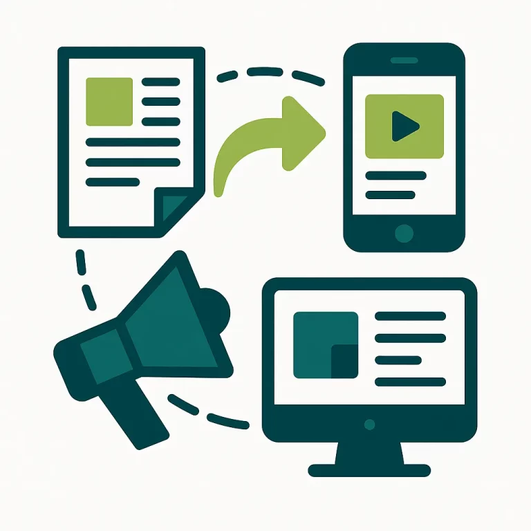 Illustration vectorielle de supports de communication multicanaux (print et digital) reliés entre eux, design épuré et moderne.