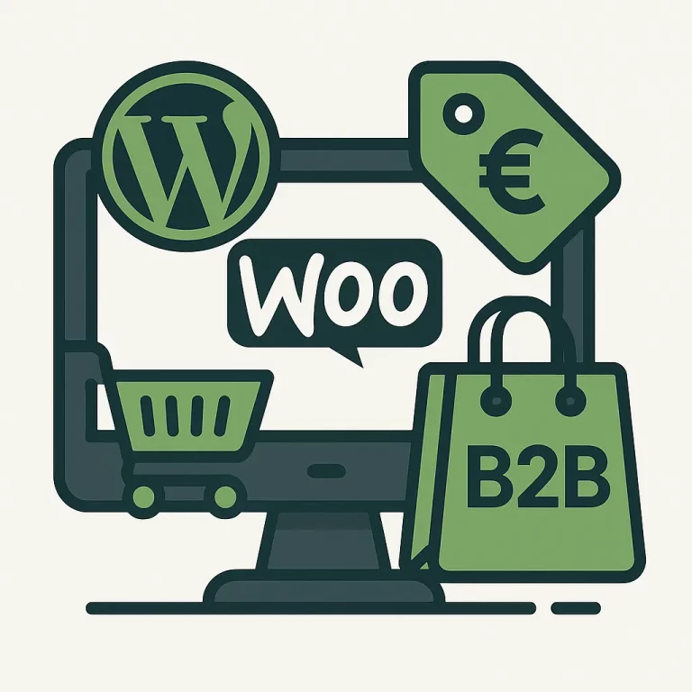 Illustration d’un écran WordPress avec le logo WooCommerce et des icônes B2B (sac, panier, étiquette euro), représentant une solution e-commerce pour professionnels.
