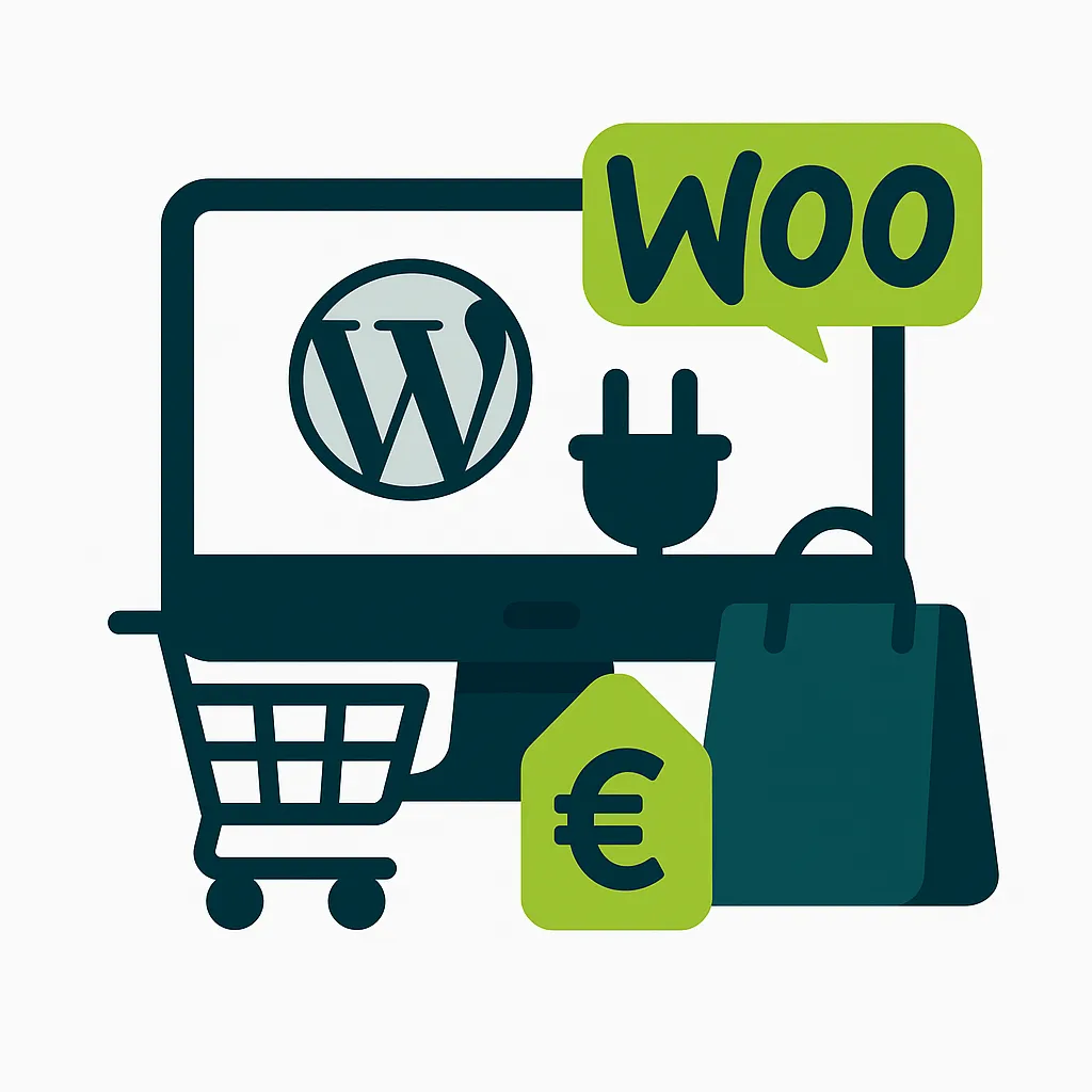 Illustration d’un écran WordPress avec le logo WooCommerce et des icônes e-commerce (panier, étiquette euro, sac), représentant une boutique en ligne.