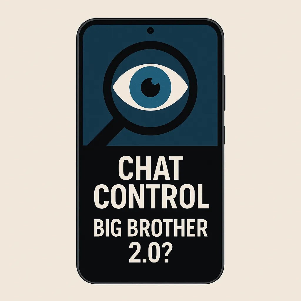 Illustration d’un smartphone affichant un œil sous une loupe, avec le texte "Chat Control : Big Brother 2.0 ?", représentant la surveillance des messageries privées par l’Union européenne.