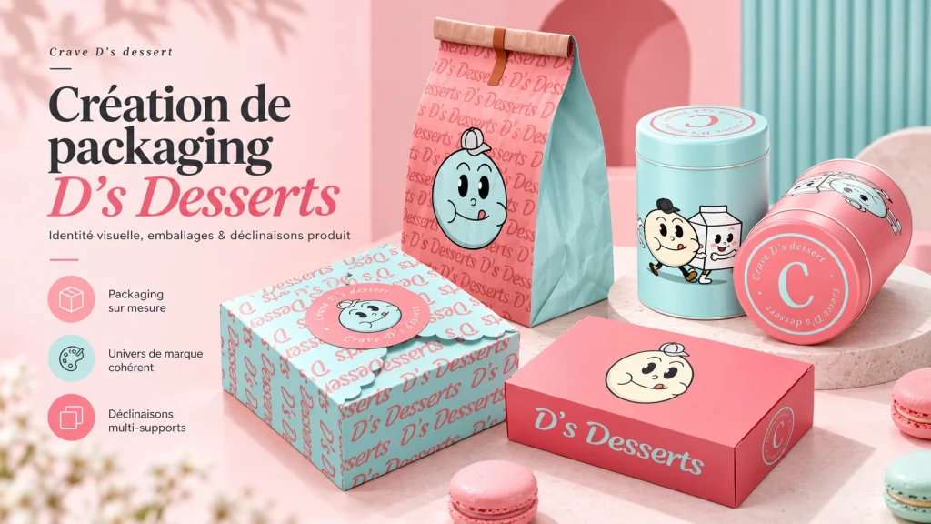 Gamme de packaging D's Desserts : boîtes, sachet et boîtes métal aux couleurs rose et turquoise avec mascotte