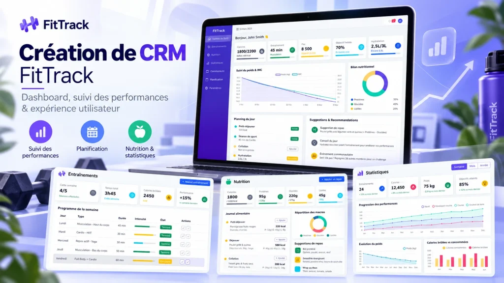 Interface du CRM FitTrack : tableau de bord, entraînements, nutrition et statistiques
