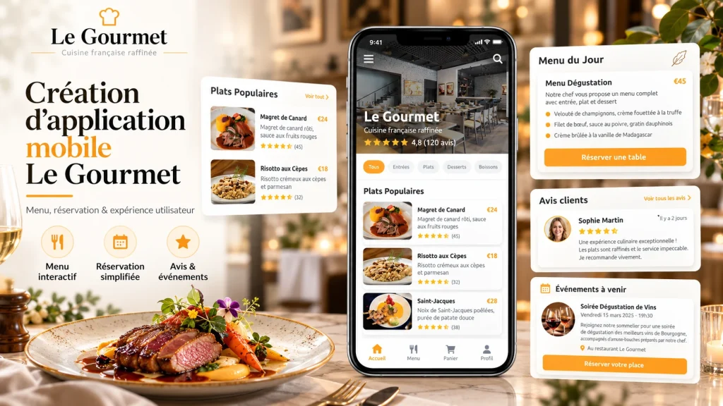 Application mobile Le Gourmet : plats populaires, menu du jour, avis clients et réservation