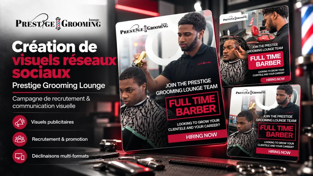 Visuels de recrutement Prestige Grooming Lounge pour les réseaux sociaux, déclinés en plusieurs formats