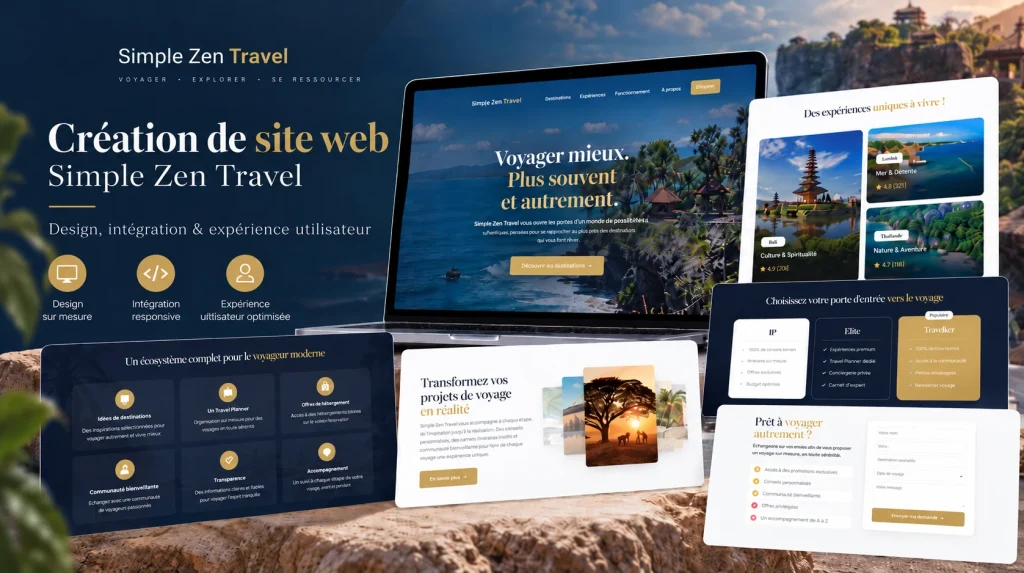 Site web Simple Zen Travel affiché sur ordinateur, avec ses pages expériences, formules et formulaire de demande